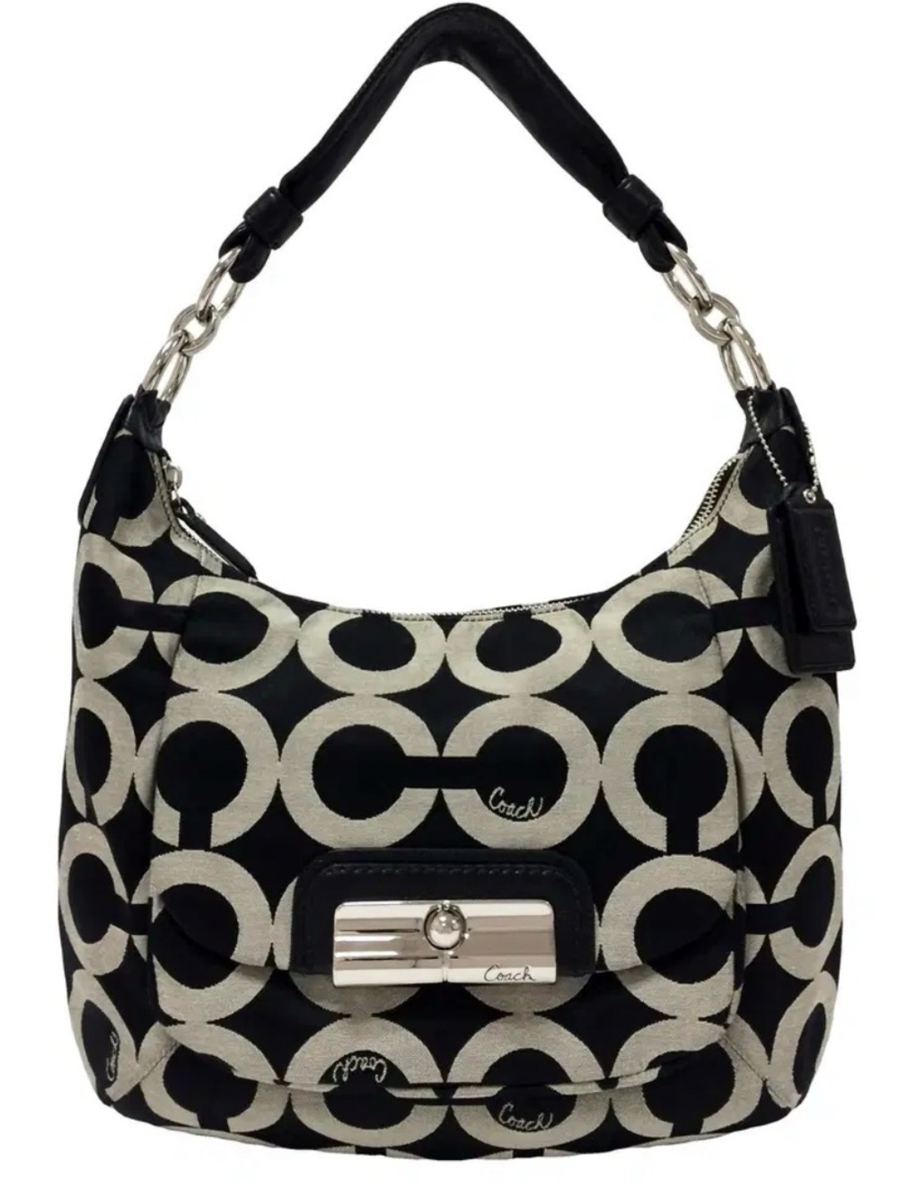 Coach Signature C Tan Black Silver Hardware Satchel Shoulder Handbag